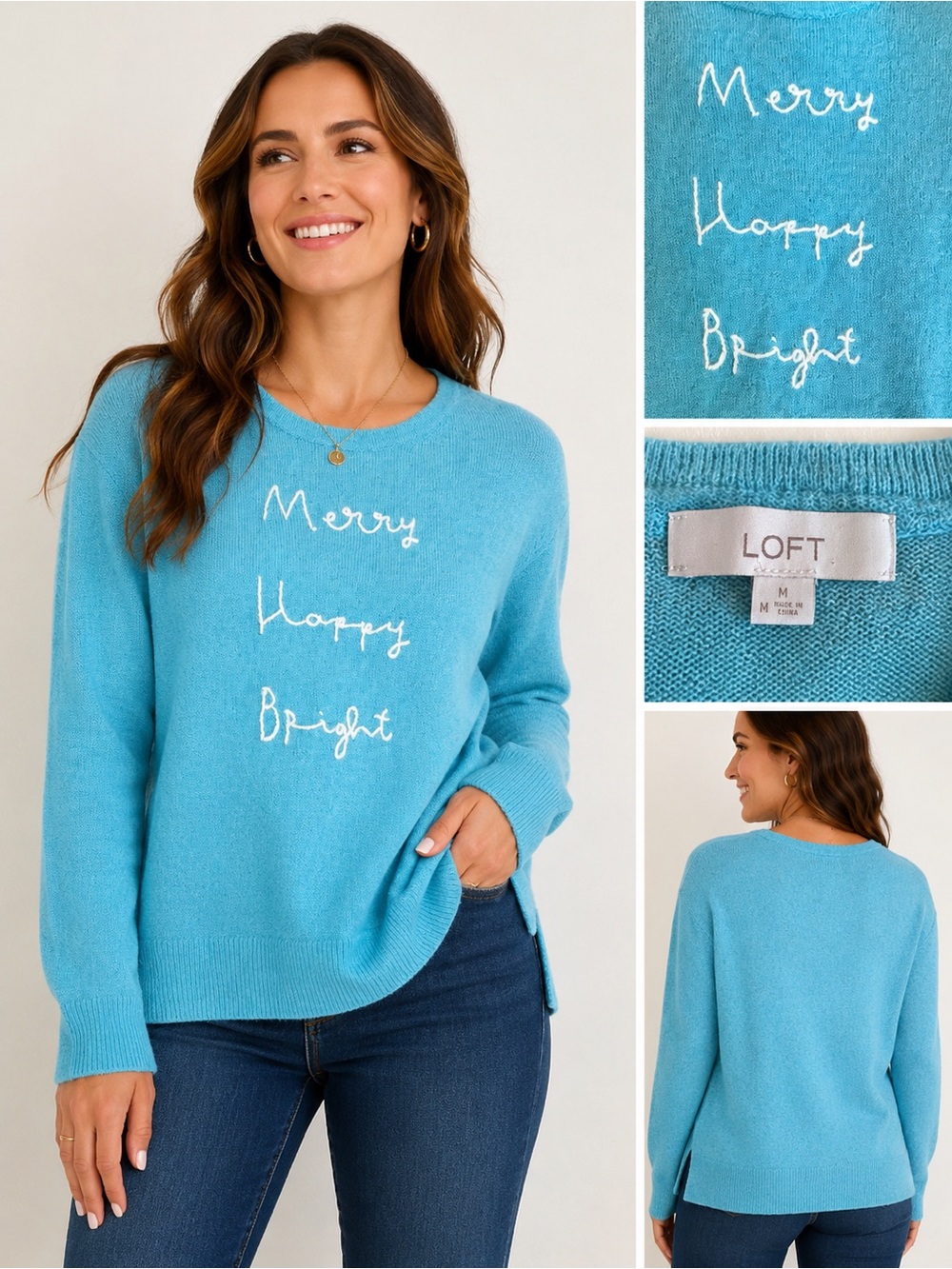 LOFT Merry Happy Bright Sweater Women’s Medium Blue Mohair Blend Holiday